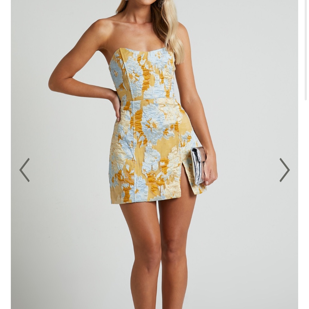 Showpo Bradley Mini Dress in blue and Gold/yellow